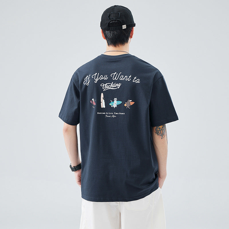 [WHOLESALE ONLY - CONTACT TO ORDER] Men's Heavyweight 100% Combed Cotton Surfing Animal Graphic Crewneck T-Shirt (Deep Navy) [AW-412]