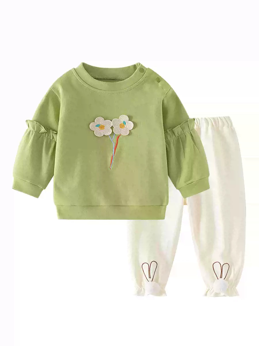 [WHOLESALE ONLY - CONTACT TO ORDER] Toddler Baby Girls 2-Piece Ruffle Sleeve Sweatshirt & Bunny Ears Cuffed Joggers Set - Floral Embroidery Loungewear [KW-101]