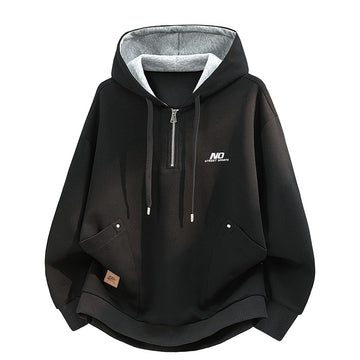 [WHOLESALE ONLY - CONTACT TO ORDER] Unisex Relaxed Fit Heavyweight Cotton Blend Quarter-Zip Hooded Sweatshirt with Contrast Hood (Jet Black) [AW-299]