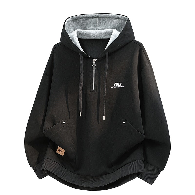 [WHOLESALE ONLY - CONTACT TO ORDER] Unisex Relaxed Fit Heavyweight Cotton Blend Quarter-Zip Hooded Sweatshirt with Contrast Hood (Jet Black) [AW-299]