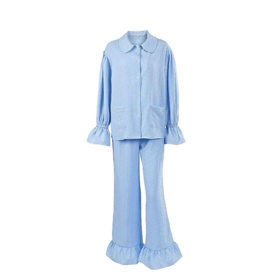 [WHOLESALE ONLY - CONTACT TO ORDER] Women's Cotton Blend 2-Piece Gingham Check Peter Pan Collar & Ruffle-Trim Pajama Set (Sky Blue) [AW-559]