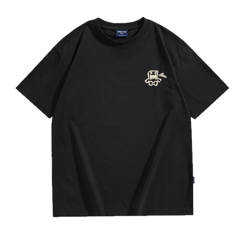 [WHOLESALE ONLY - CONTACT TO ORDER] Men's Clean Fit Heavyweight 100% Combed Cotton Drop-Shoulder T-Shirt with Embroidered Monster Graphic (Jet Black) [AW-324]