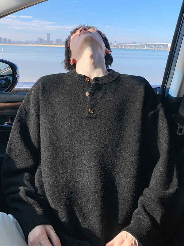 [WHOLESALE ONLY - CONTACT TO ORDER] Men's Korean Clean Fit Brushed Mohair-Touch Knit Henley Pullover Sweater (Obsidian Black) [AW-332]