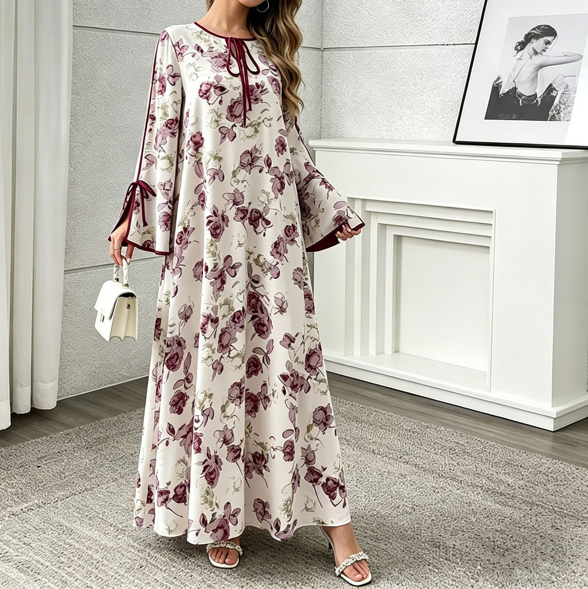 [WHOLESALE ONLY - CONTACT TO ORDER] Women's Modest Flowy Floral Print Split Bell Sleeve Tie-Neck Kaftan Maxi Dress (Mauve Rose Floral) [AW-402]