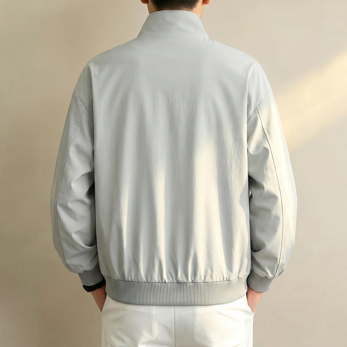 [WHOLESALE ONLY - CONTACT TO ORDER] Men's Stand Collar Ribbed Yoke Cotton Blend Zip-Up Windbreaker Bomber Jacket [AW-248]