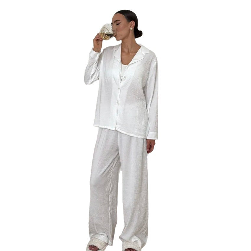 [WHOLESALE ONLY - CONTACT TO ORDER] Women's Cotton Blend 2-Piece Crinkled Ripple Textured Notch-Lapel Shirt & Wide-Leg Pants Pajama Set (Pure White) [AW-569]