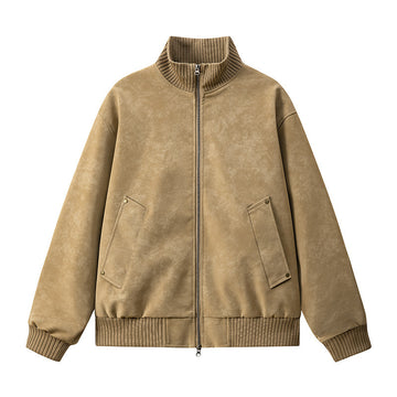 [WHOLESALE ONLY - CONTACT TO ORDER] Men's Vintage Distressed Faux Suede Stand Collar Bomber Jacket with Double Zipper & Riveted Pockets [AW-250]
