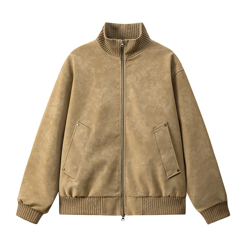 [WHOLESALE ONLY - CONTACT TO ORDER] Men's Vintage Distressed Faux Suede Stand Collar Bomber Jacket with Double Zipper & Riveted Pockets [AW-250]