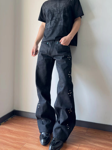 [WHOLESALE ONLY - CONTACT TO ORDER] Men's Heavyweight 100% Cotton Loose Fit Starburst Studded Wide-Leg Flare Jeans (Raw Charcoal Black) [AW-484]