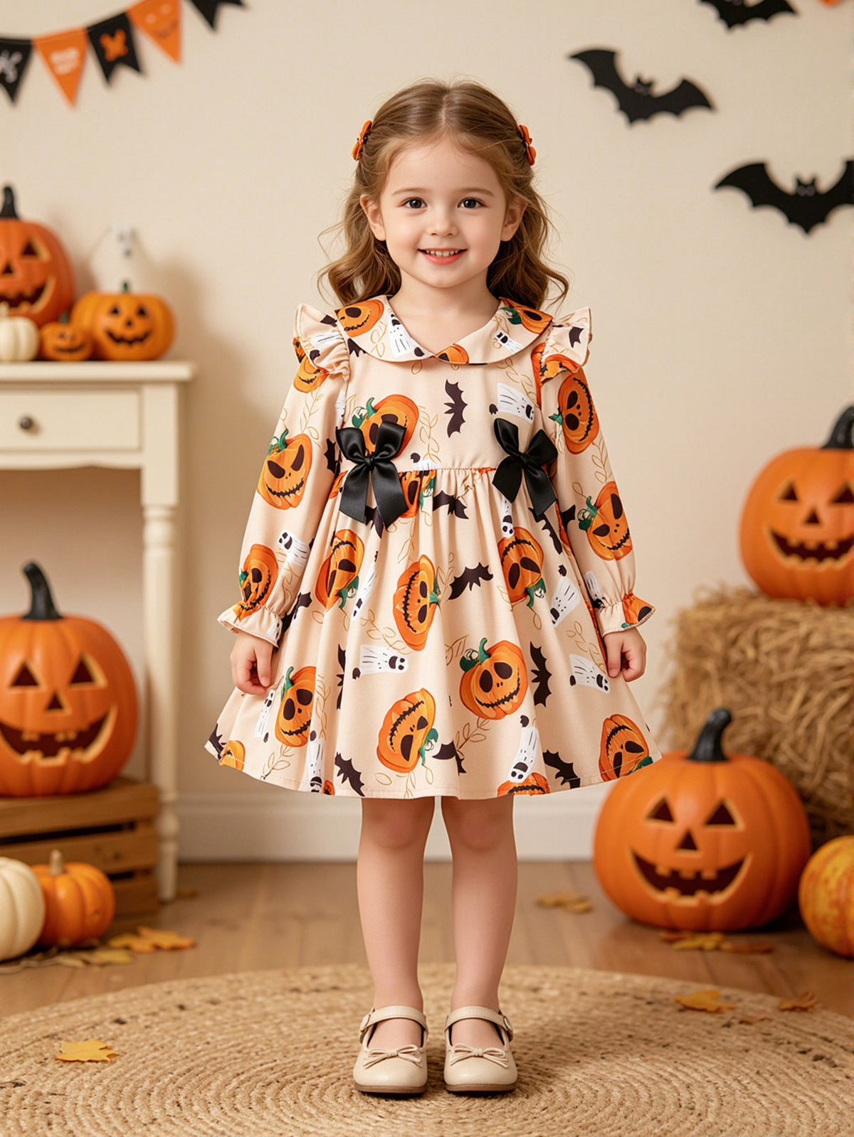 [WHOLESALE ONLY - CONTACT TO ORDER] Toddler Girls Premium 95% Cotton Halloween Peter Pan Collar Ruffle Long Sleeve Dress (Beige Pumpkin Print) [KW-216]