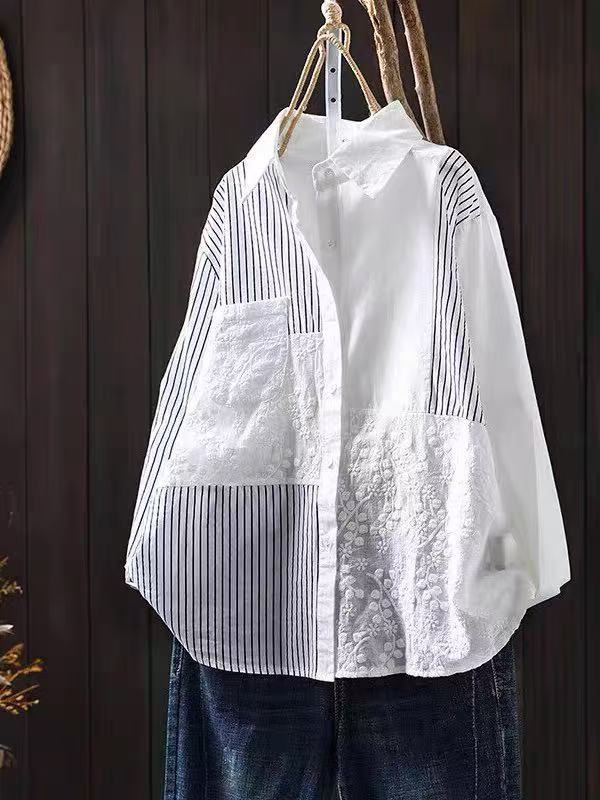 [WHOLESALE ONLY - CONTACT TO ORDER] Unisex Heavyweight 100% Cotton Asymmetric Striped Patchwork Floral Embroidered Oversized Shirt (White / Stripe) [AW-356]