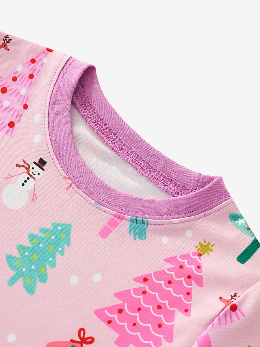[WHOLESALE ONLY - CONTACT TO ORDER] Toddler & Girls Combed Cotton Pink Christmas Tree Winter Pajama Set (Pastel Pink/Lavender) [KW-235]