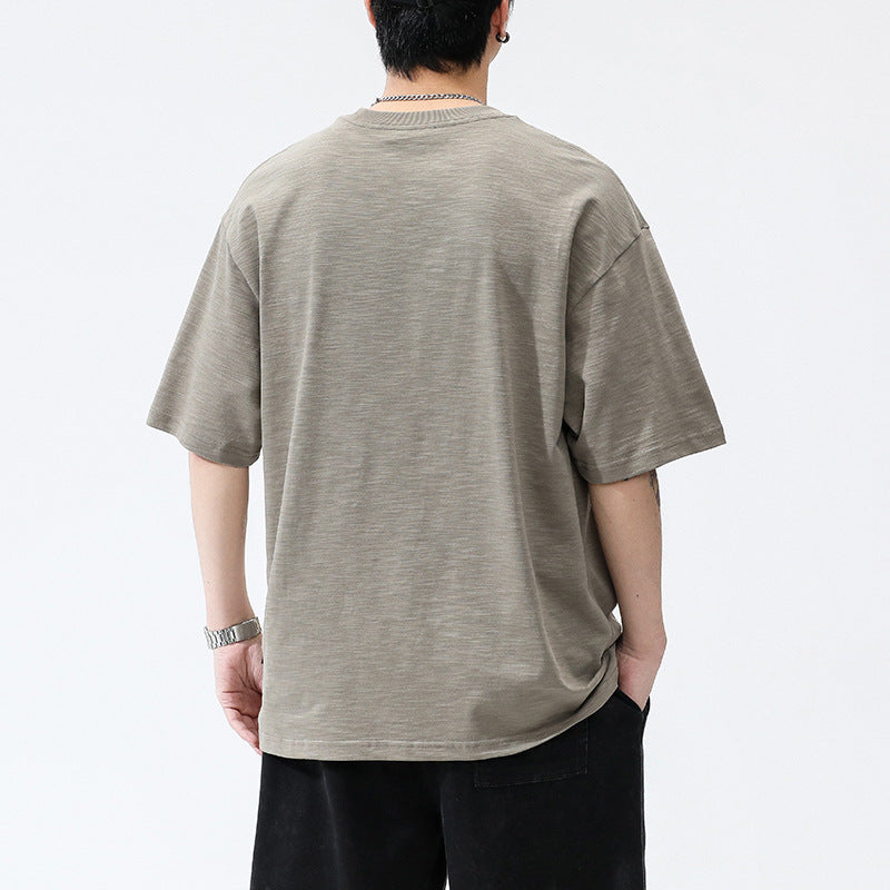 [WHOLESALE ONLY - CONTACT TO ORDER] Men's Heavyweight 100% Slub Cotton Oversized Drop-Shoulder T-Shirt with Embroidered Logo (Khaki Grey) [AW-462]
