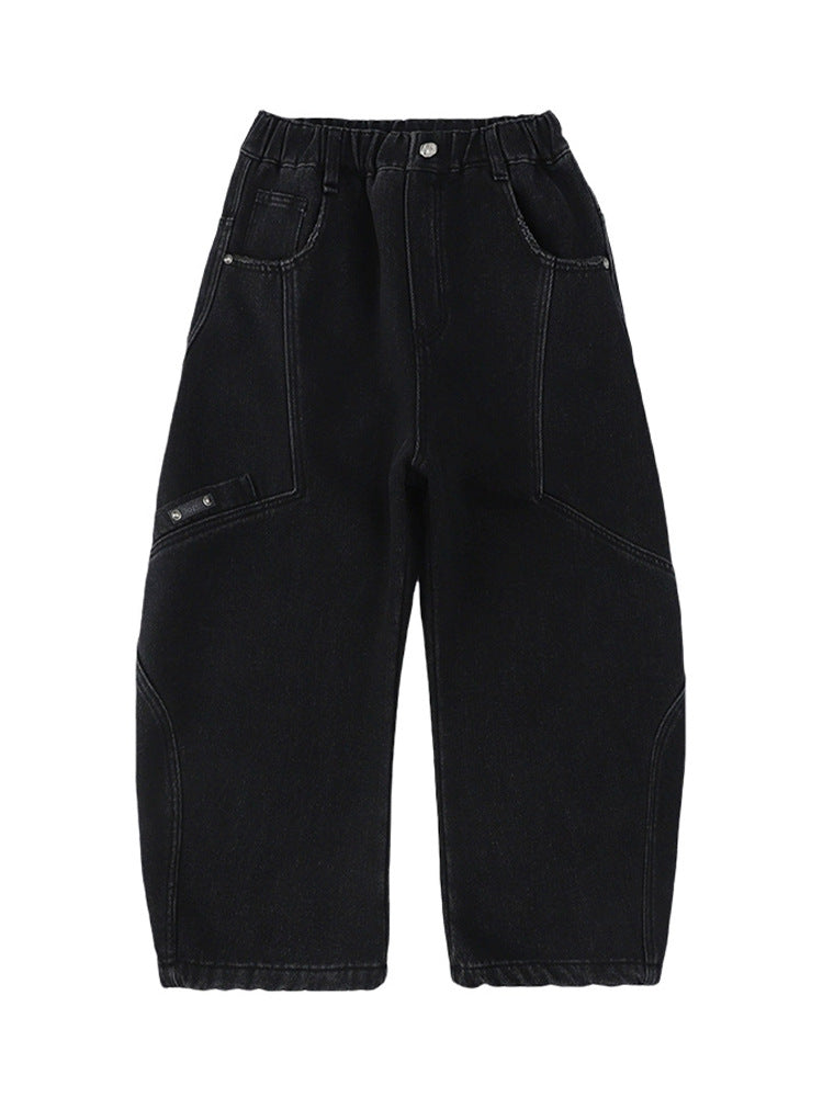 [WHOLESALE ONLY - CONTACT TO ORDER] Kids Unisex Relaxed Fit 85% Cotton Washed Black Denim Wide-Leg Baggy Jeans with Curved Seam Cargo Pockets [KW-179]