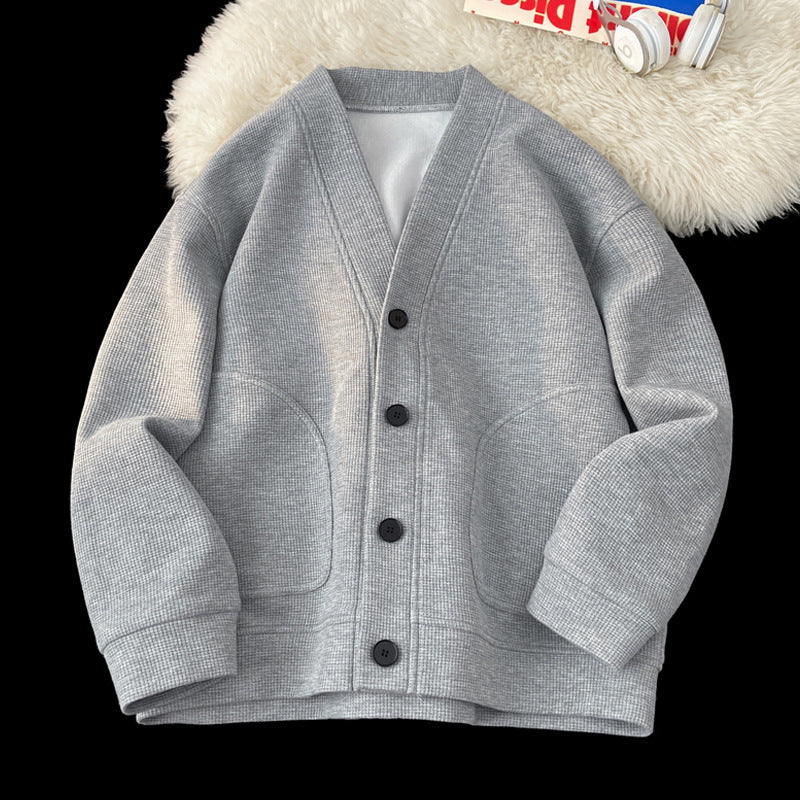 [WHOLESALE ONLY - CONTACT TO ORDER] Men's Korean Clean Fit Heavyweight Waffle Knit V-Neck Button-Up Cardigan (Heather Grey Melange) [AW-338]