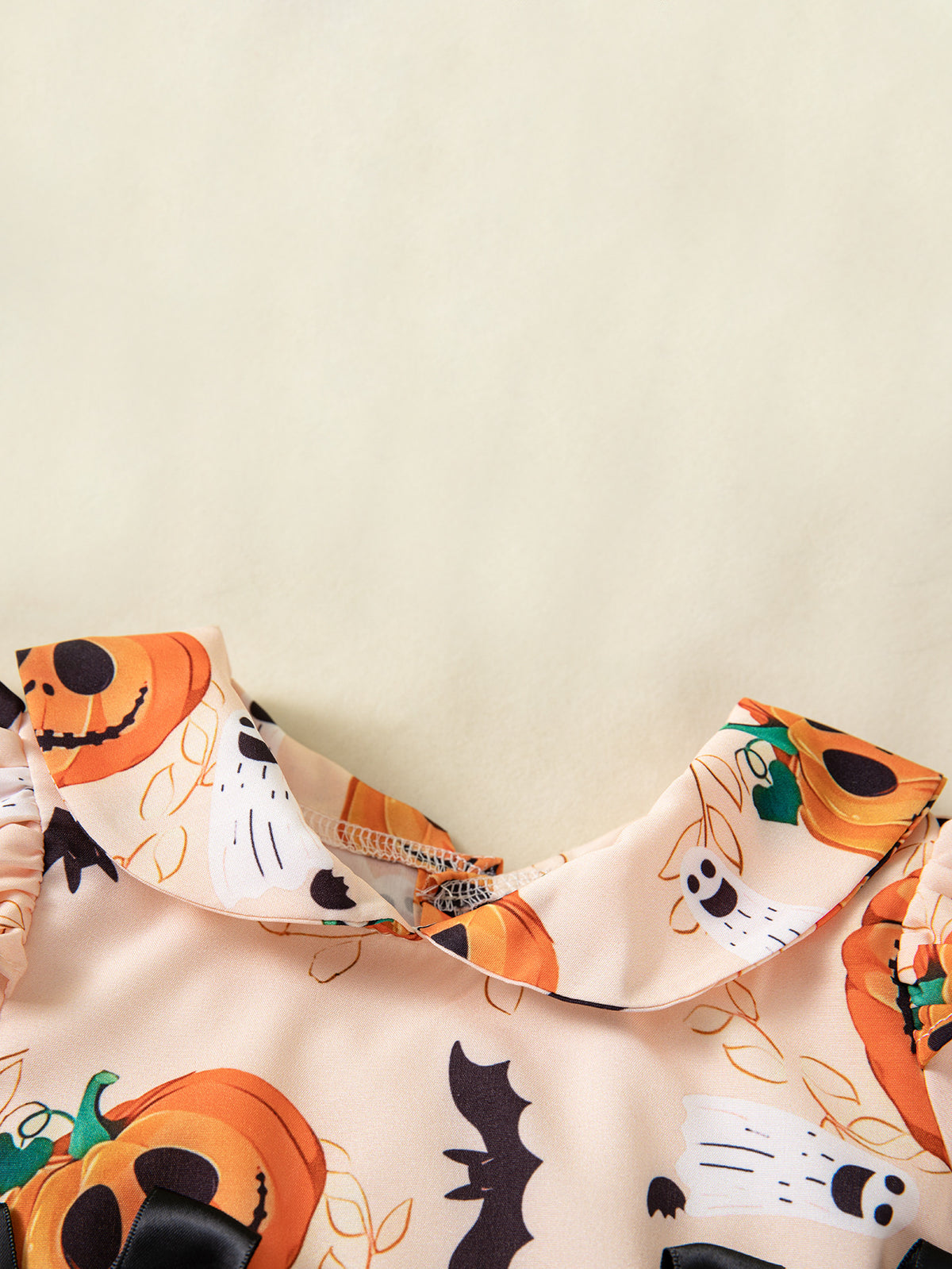 [WHOLESALE ONLY - CONTACT TO ORDER] Toddler Girls Premium 95% Cotton Halloween Peter Pan Collar Ruffle Long Sleeve Dress (Beige Pumpkin Print) [KW-216]