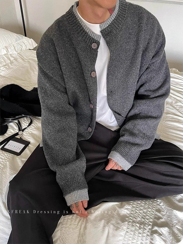 [WHOLESALE ONLY - CONTACT TO ORDER] Unisex Cotton Blend Layered Contrast Trim Button-Down Knit Cardigan Jacket (Charcoal Grey) [AW-503]