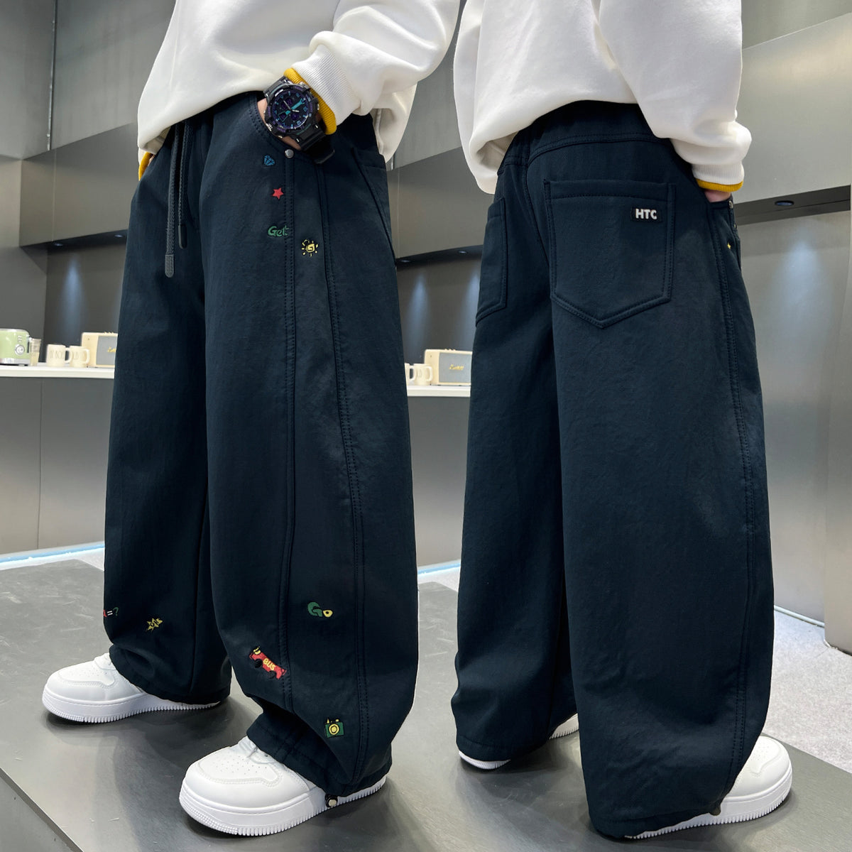[WHOLESALE ONLY - CONTACT TO ORDER] Boys Heavyweight Cotton Twill Multi-Embroidered Baggy Wide-Leg Cargo Skate Pants (Washed Black) [KW-256]