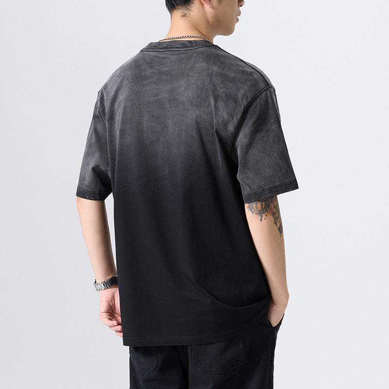 [WHOLESALE ONLY - CONTACT TO ORDER] Men's Heavyweight 100% Cotton Oversized Acid Wash Gradient Short Sleeve T-Shirt with Embroidered Script (Washed Charcoal Black) [AW-468]