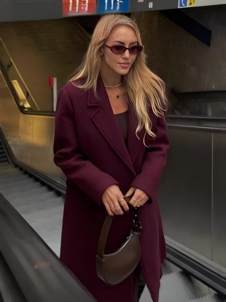 [WHOLESALE ONLY - CONTACT TO ORDER] Women's Double-Breasted Longline Cotton Blend Heavyweight Overcoat with Flap Pockets (Burgundy Wine Red) [AW-448]