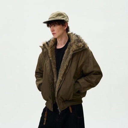 [WHOLESALE ONLY - CONTACT TO ORDER] Unisex Heavyweight 70% Cotton Padded Winter Bomber Jacket with Faux Fur Trim Hood (Military Olive Green) [AW-279]