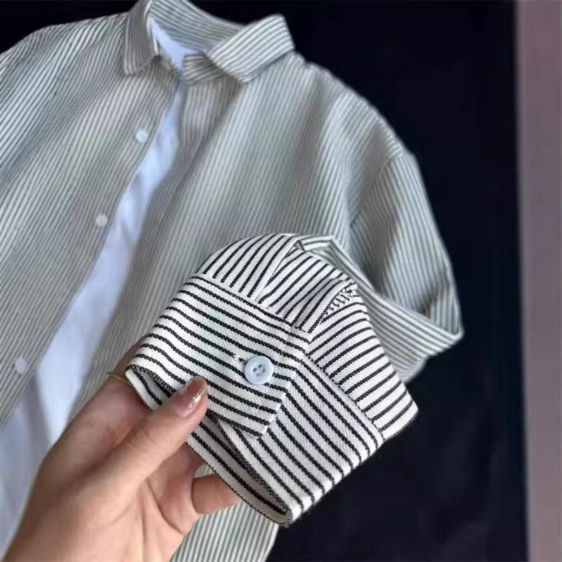 [WHOLESALE ONLY - CONTACT TO ORDER] Unisex Relaxed Fit Heavyweight 100% Cotton Twill Striped Long Sleeve Button-Up Shirt (Black Stripe / Blue Stripe) [AW-441]