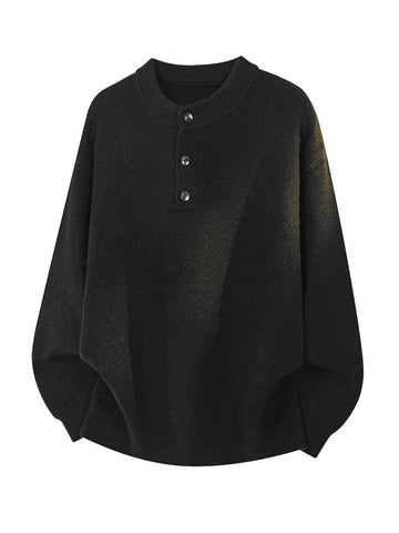 [WHOLESALE ONLY - CONTACT TO ORDER] Men's Korean Clean Fit Brushed Mohair-Touch Knit Henley Pullover Sweater (Obsidian Black) [AW-332]
