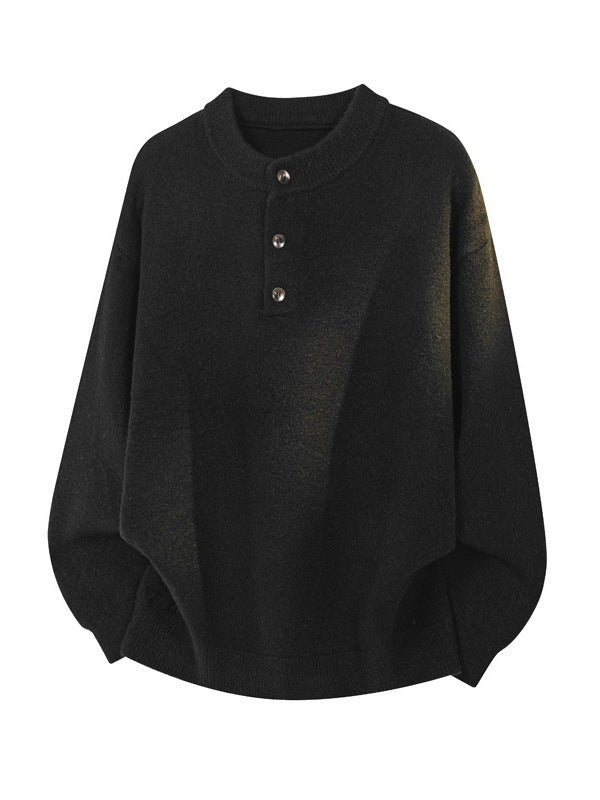 [WHOLESALE ONLY - CONTACT TO ORDER] Men's Korean Clean Fit Brushed Mohair-Touch Knit Henley Pullover Sweater (Obsidian Black) [AW-332]