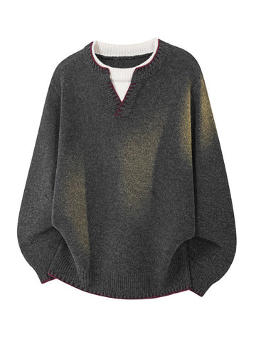 [WHOLESALE ONLY - CONTACT TO ORDER] Unisex Oversized 70% Combed Cotton Heavyweight Layered Notch Neck Knit Sweater with Contrast Stitching (Charcoal Grey) [AW-401]