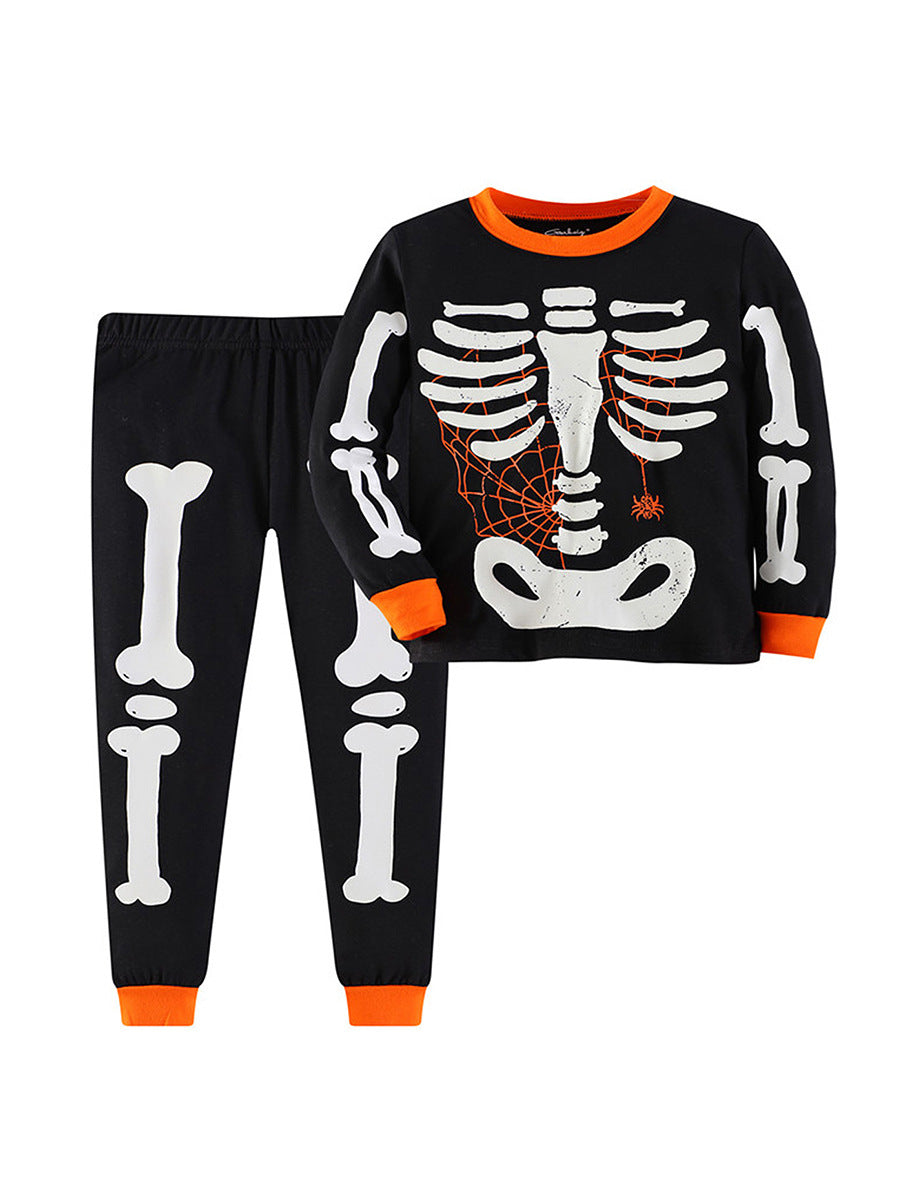 [WHOLESALE ONLY - CONTACT TO ORDER] Kids Unisex Glow-in-the-Dark Skeleton Halloween Cotton Long Sleeve Pajama Set (Black/Orange) [KW-231]