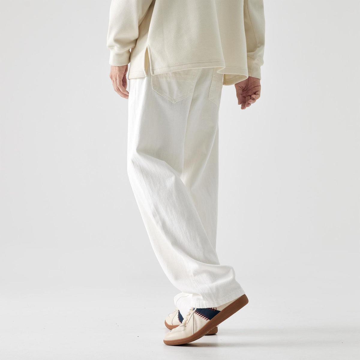 [WHOLESALE ONLY - CONTACT TO ORDER] Men's Korean Clean Fit Heavyweight 100% Cotton Relaxed Straight Wide-Leg Jeans (Off-White / Natural Ivory) [AW-327]