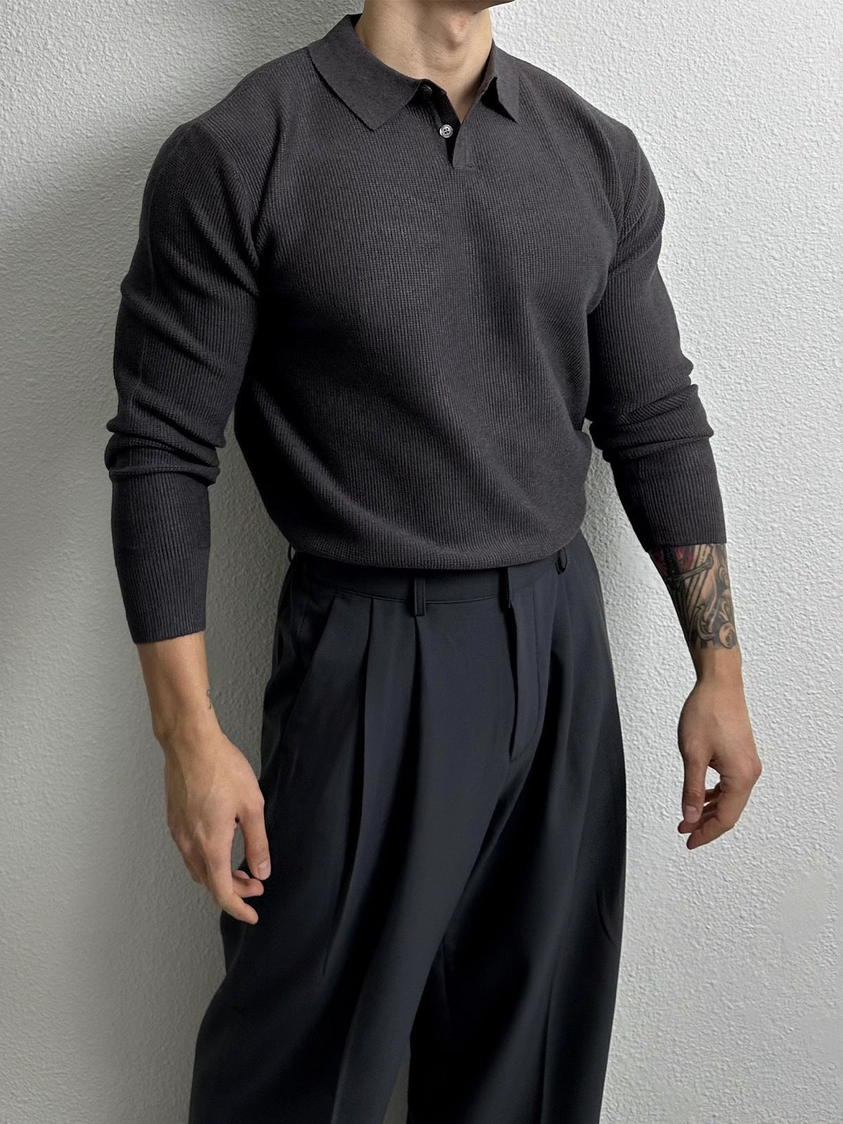 [WHOLESALE ONLY - CONTACT TO ORDER] Men's Cotton Blend Textured Knit Johnny Collar Long Sleeve Polo Sweater (Charcoal Grey) [AW-499]