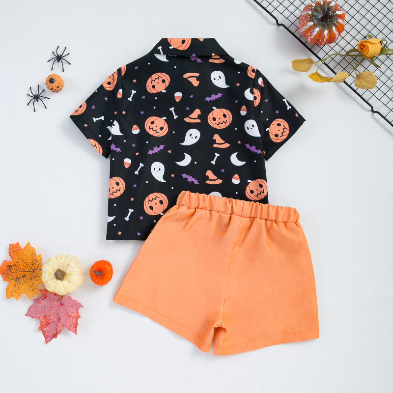 [WHOLESALE ONLY - CONTACT TO ORDER] Toddler Boys 70% Combed Cotton Short Sleeve Halloween Pumpkin Graphic Shirt & Shorts Set with Bowtie (Black & Orange) [KW-228]