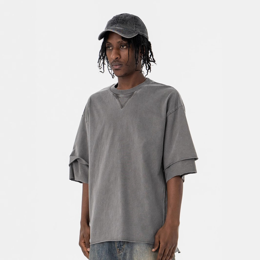 Men’s Vintage Washed T-Shirt – Distressed Finish Irregular Hem Summer Tee[NA-004]