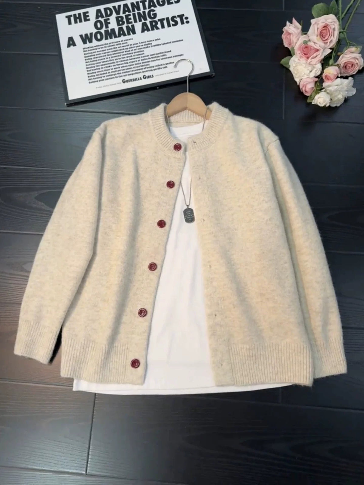 [WHOLESALE ONLY - CONTACT TO ORDER] Unisex Cotton Blend Brushed Knit Crewneck Cardigan Sweater with Contrast Burgundy Buttons (Oatmeal Heather) [AW-489]