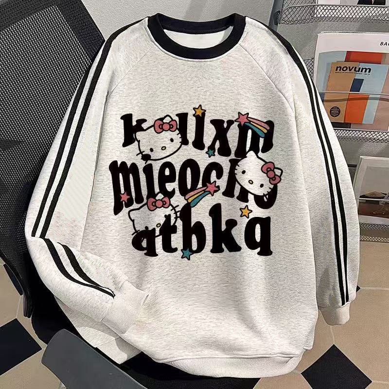 [WHOLESALE ONLY - CONTACT TO ORDER] Kids Unisex Heavyweight 75% Cotton Fleece Raglan Sweatshirt Double Striped Sleeves Cartoon Graphic Pullover (Heather Grey) [KW-175]