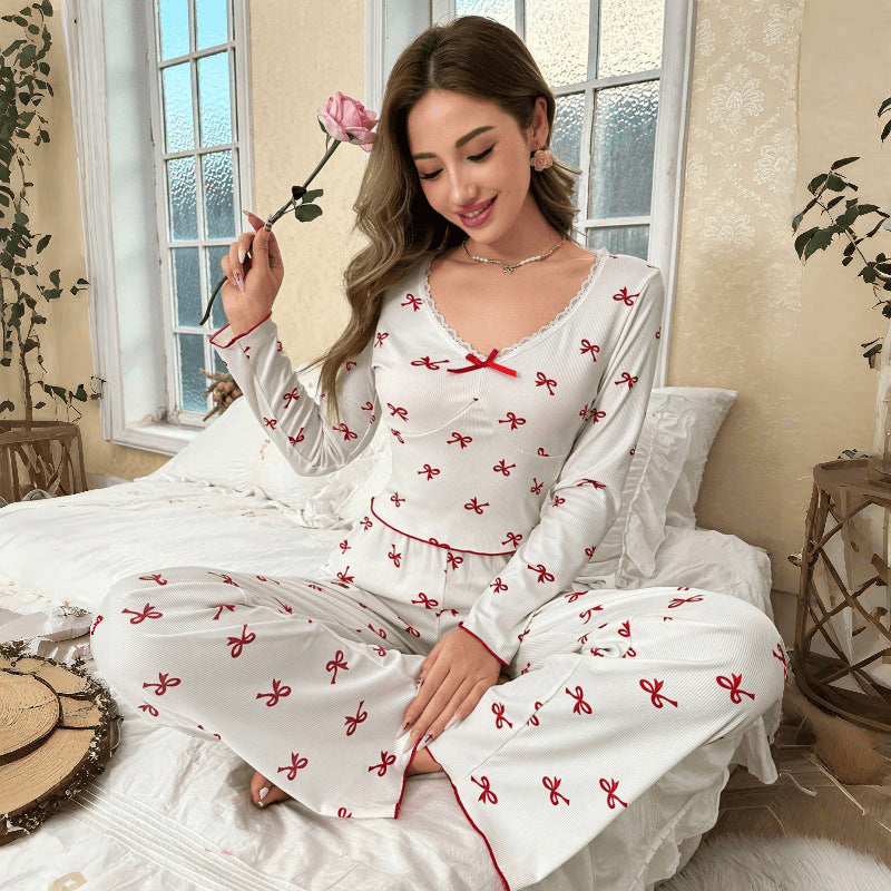 [WHOLESALE ONLY - CONTACT TO ORDER] Women's Coquette Aesthetic Ribbed Cotton Blend Red Bow Print Lace Trim Long Sleeve Pajama Set (Off-White) [AW-311]