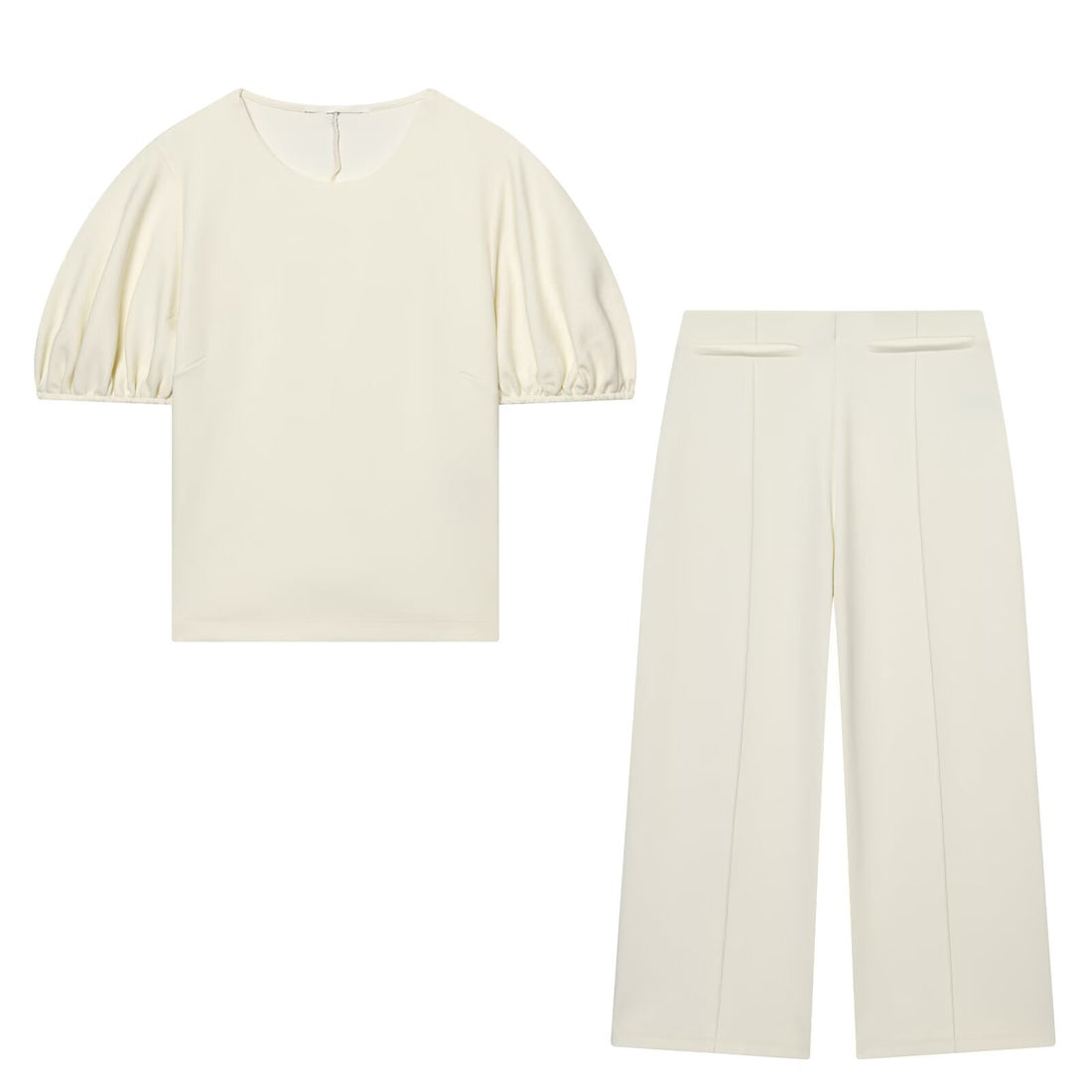 [WHOLESALE ONLY - CONTACT TO ORDER] Women's Cotton Blend Elegant Puff Sleeve Top and Pintuck Wide-Leg Pants Two-Piece Set (Cream Ivory) [AW-473]