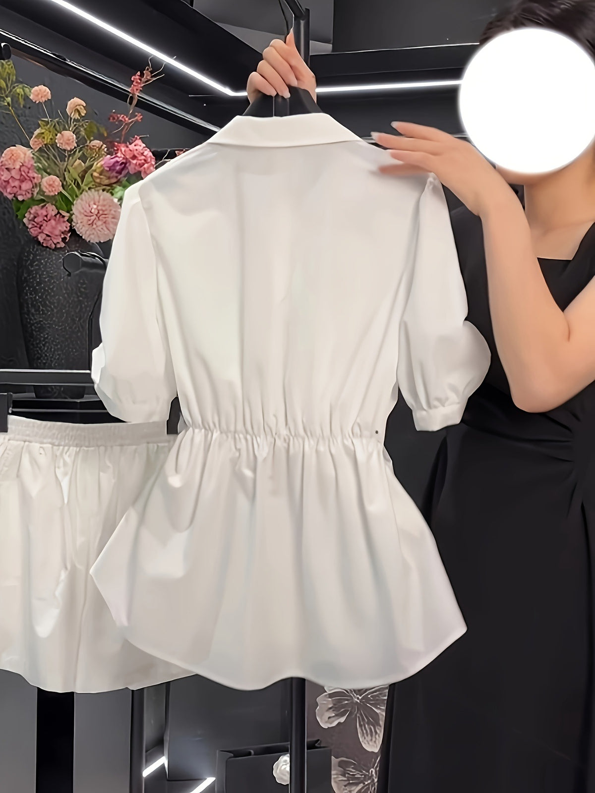 [WHOLESALE ONLY - CONTACT TO ORDER] Women's Heavyweight 80% Cotton Scarf Belted Puff Sleeve Peplum Shirt & Skirt 2-Piece Set (Ivory White) [AW-357]