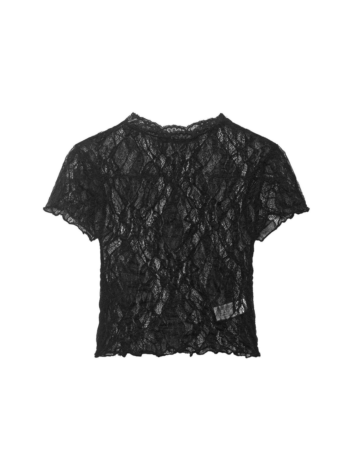 [WHOLESALE ONLY - CONTACT TO ORDER] Women's Y2K Sheer Floral Cotton Blend Lace Cropped Baby Tee with Scalloped Trim (Noir Black) [AW-470]