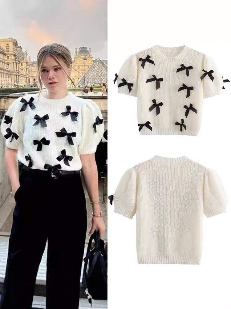 [WHOLESALE ONLY - CONTACT TO ORDER] Women's French Chic Puff Sleeve Cotton Blend Knit Top with 3D Black Satin Bows (Cream Ivory) [AW-469]