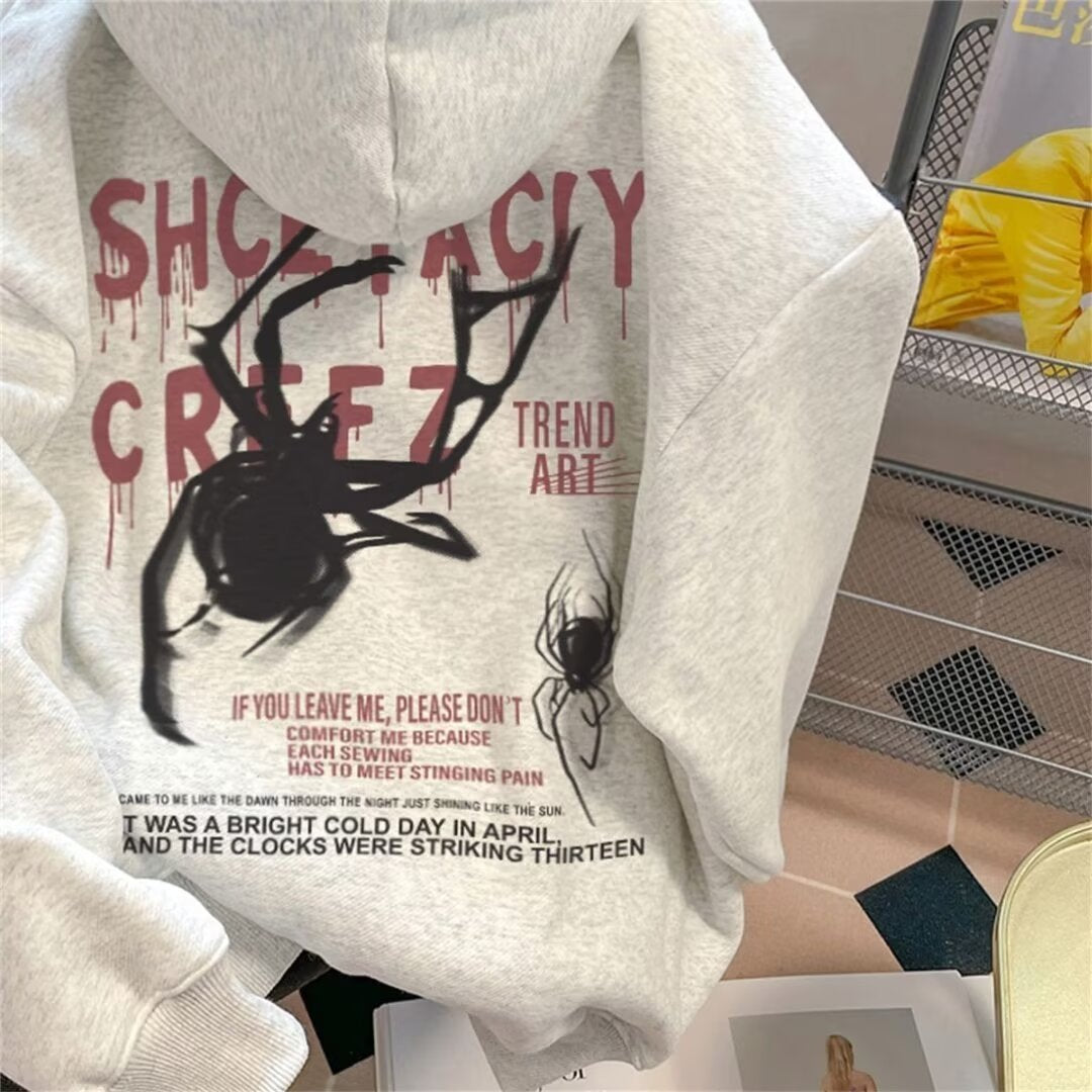 [WHOLESALE ONLY - CONTACT TO ORDER] Unisex Heavyweight 75% Cotton Gothic Spider & Dripping Typography Graphic Hoodie (Oatmeal Heather Grey) [AW-429]