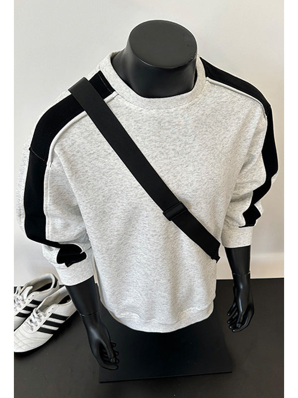 [WHOLESALE ONLY - CONTACT TO ORDER] Men's Heavyweight 75% Cotton Contrast Shoulder Zipper Crewneck Sweatshirt (Heather Grey & Black) [AW-422]