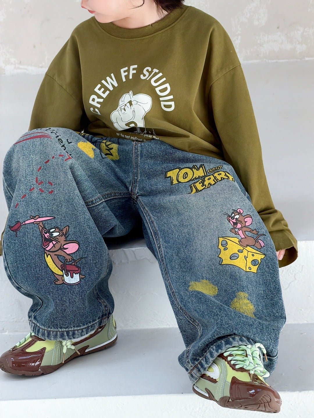 [WHOLESALE ONLY - CONTACT TO ORDER] Kids Unisex Baggy 85% Cotton Heavyweight Cartoon Graffiti Wide-Leg Denim Jeans (Washed Indigo Blue) [KW-224]
