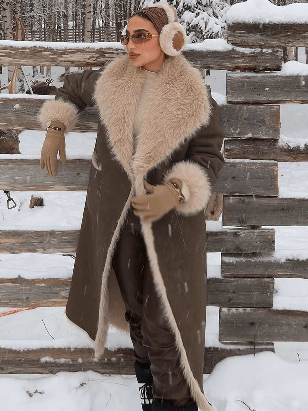 [WHOLESALE ONLY - CONTACT TO ORDER] Women's Vintage 70s Longline Cotton Blend Faux Suede Shearling Coat with Plush Fur Trim Collar (Taupe Brown) [AW-452]