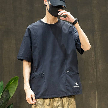 [WHOLESALE ONLY - CONTACT TO ORDER] Men's Techwear Gorpcore Quick-Dry Drop-Shoulder T-Shirt with Dual Zipper Pockets (Carbon Black) [AW-325]
