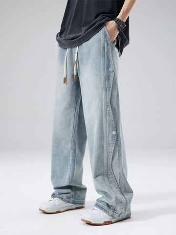 [WHOLESALE ONLY - CONTACT TO ORDER] Men's Heavyweight 100% Cotton Elastic Waist Baggy Wide-Leg Jeans with Side Snap Buttons (Light Wash Blue) [AW-480]