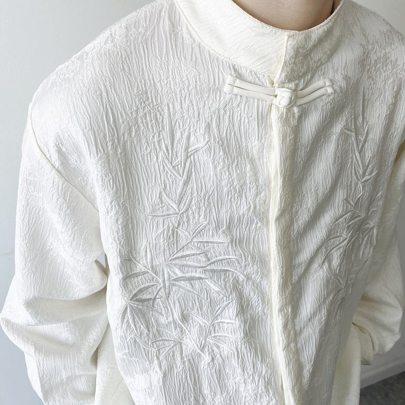 [WHOLESALE ONLY - CONTACT TO ORDER] Men's Mandarin Collar Cotton Blend Jacquard Textured Long Sleeve Shirt with Bamboo Embroidery (Off-White) [AW-438]