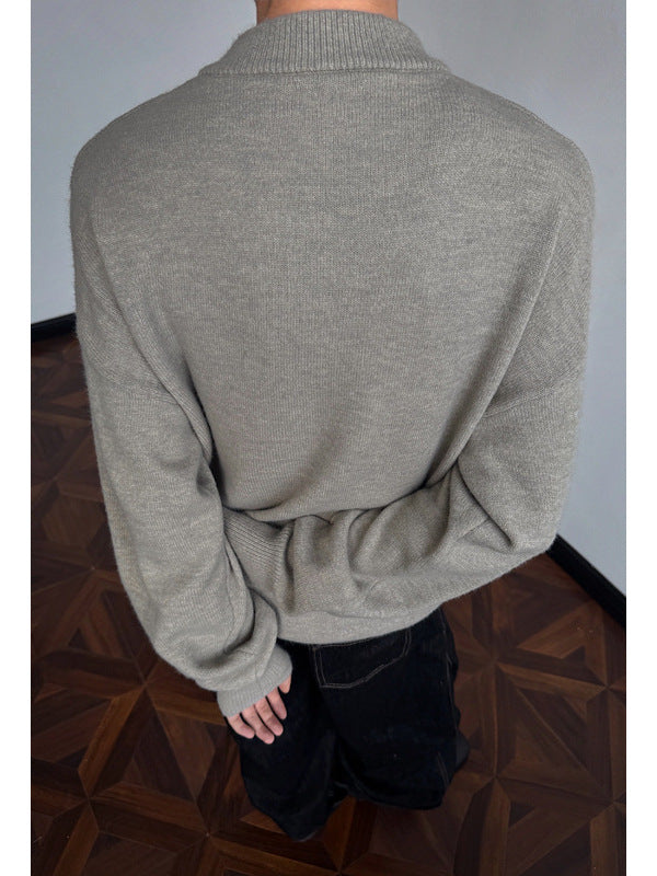 [WHOLESALE ONLY - CONTACT TO ORDER] Unisex Heavyweight 65% Cotton Ribbed Henley Collar Relaxed Knit Sweater (Heather Sage Grey) [AW-372]