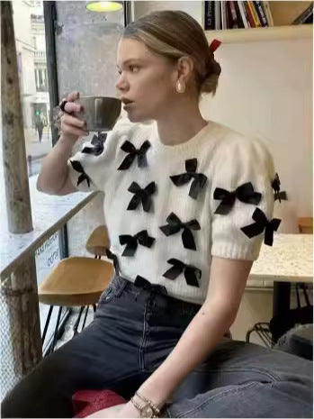[WHOLESALE ONLY - CONTACT TO ORDER] Women's French Chic Puff Sleeve Cotton Blend Knit Top with 3D Black Satin Bows (Cream Ivory) [AW-469]